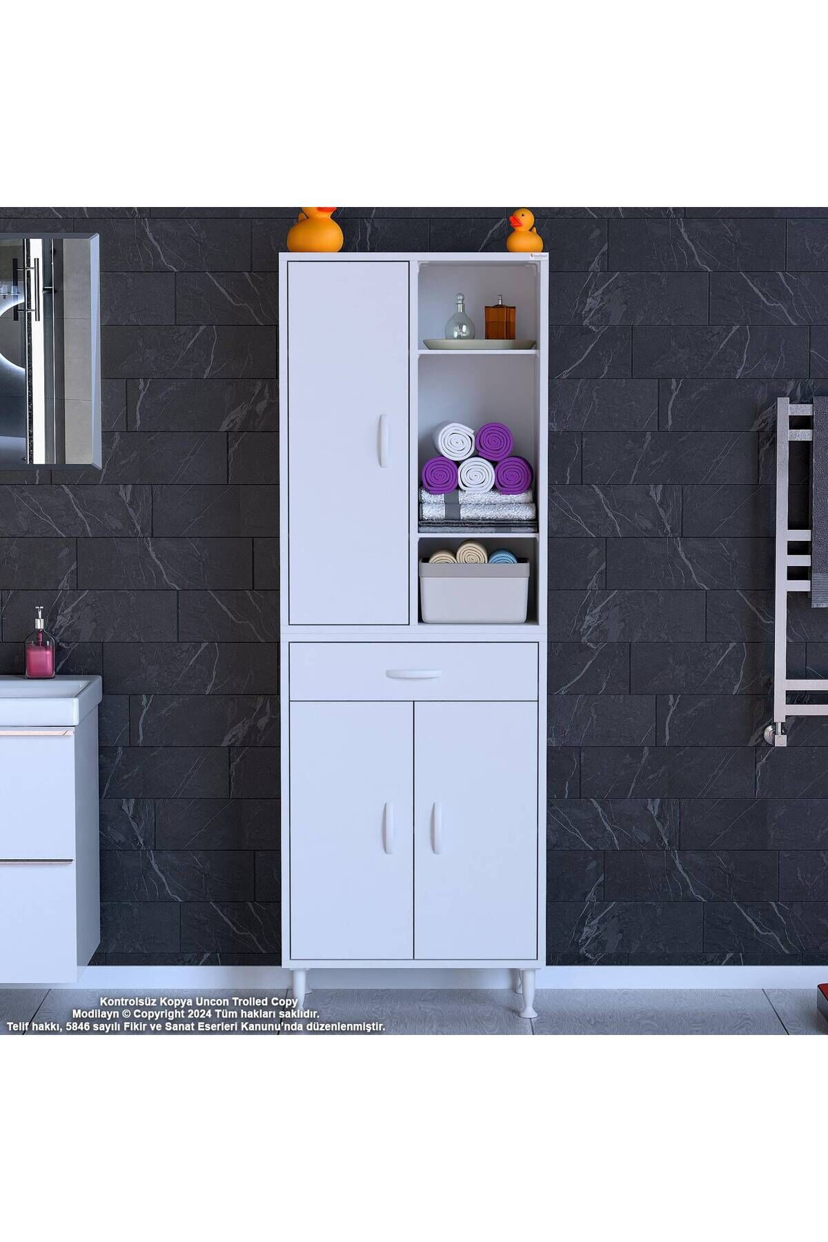 Rivo 4 Raflı Banyo/Mutfak Dolabı 60 cm Beyaz Renkli Çok Amaçlı Dolap 60x173x32,5 cm Ebatlarında