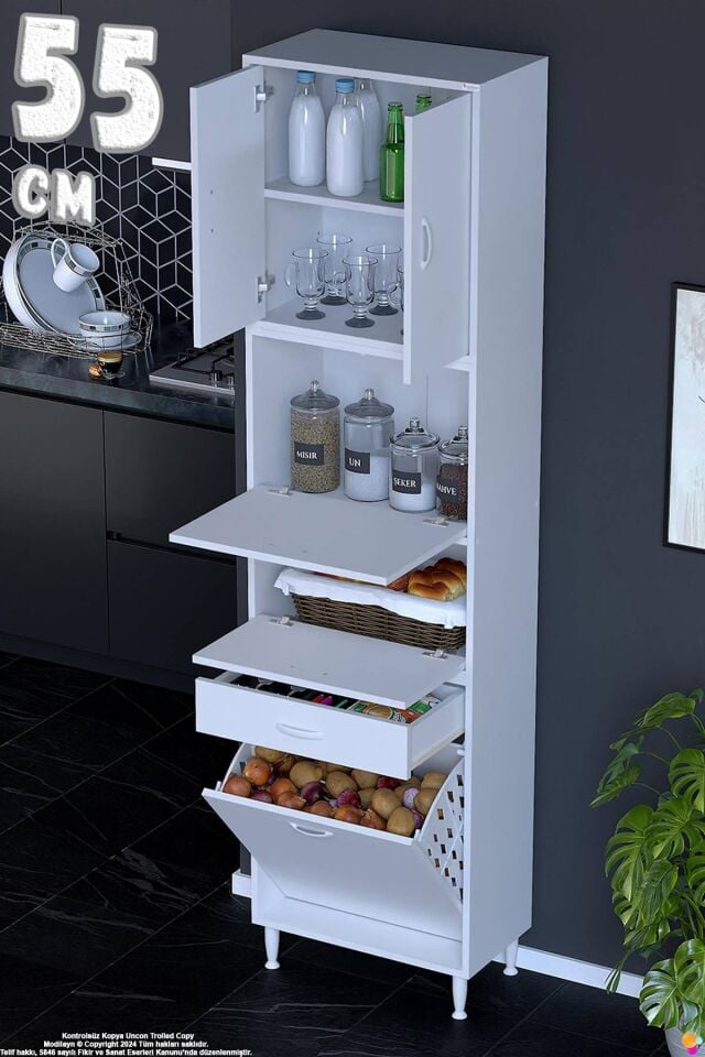 Zümra 55 cm Beyaz Fırın Dolabı Patates Soğan Saklama Dolabı Çok Amaçlı Kiler Banyo Dolabı 55x226x32
