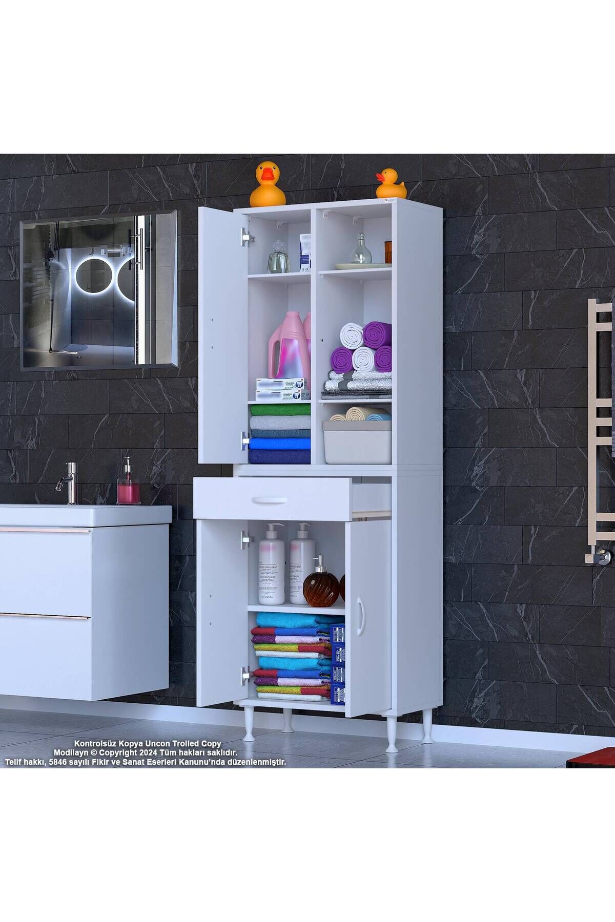 Rivo 4 Raflı Banyo/Mutfak Dolabı 65 cm Beyaz Renkli Çok Amaçlı Dolap 65x173x32,5 cm Ebatlarında