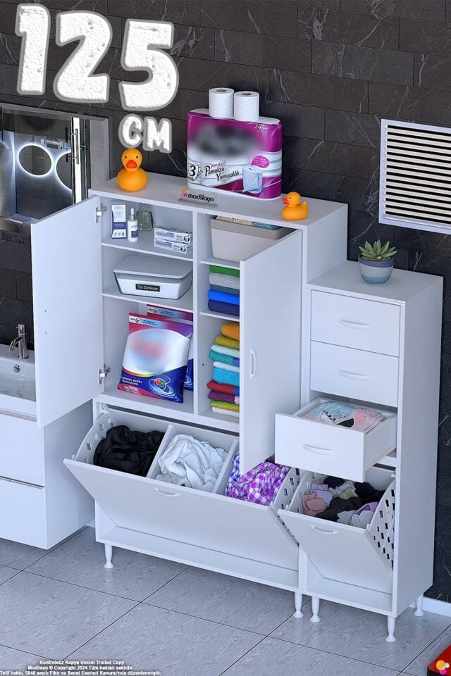 Aler 125 cm 3 Bölme Sepetli Banyo/Mutfak Dolabı - Beyaz ((90+35)x160x32 cm)