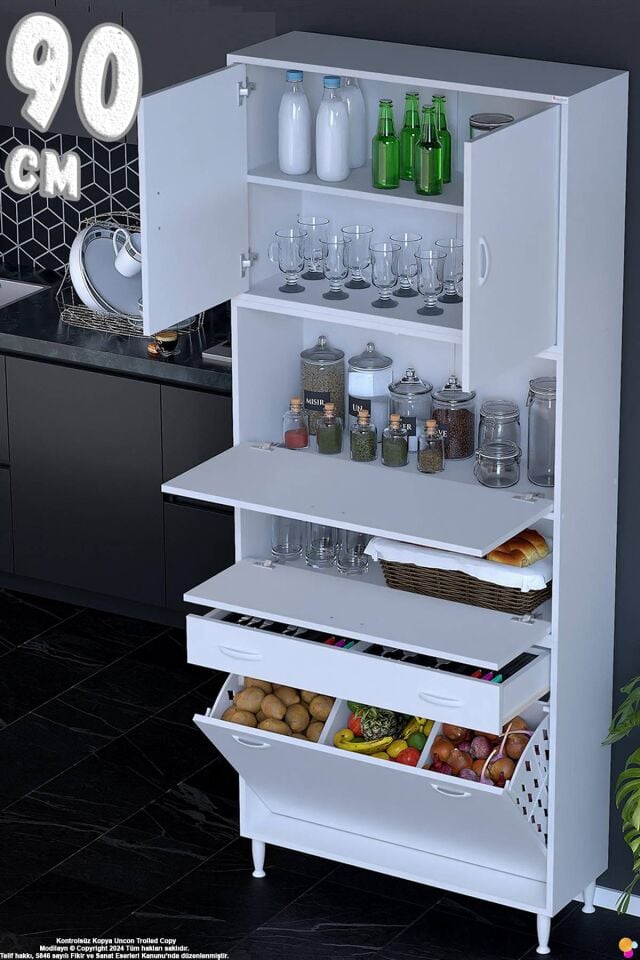 Zümra 90 cm Beyaz Fırın Dolabı Patates Soğan Saklama Dolabı Çok Amaçlı Kiler Banyo Dolabı 90x226x32