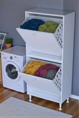 Veluna 65 cm Kirli Çamaşır Sepetli Dolap Banyo Dolabı Beyaz 65x138x32,5 cm 2 Sepetli Dolap