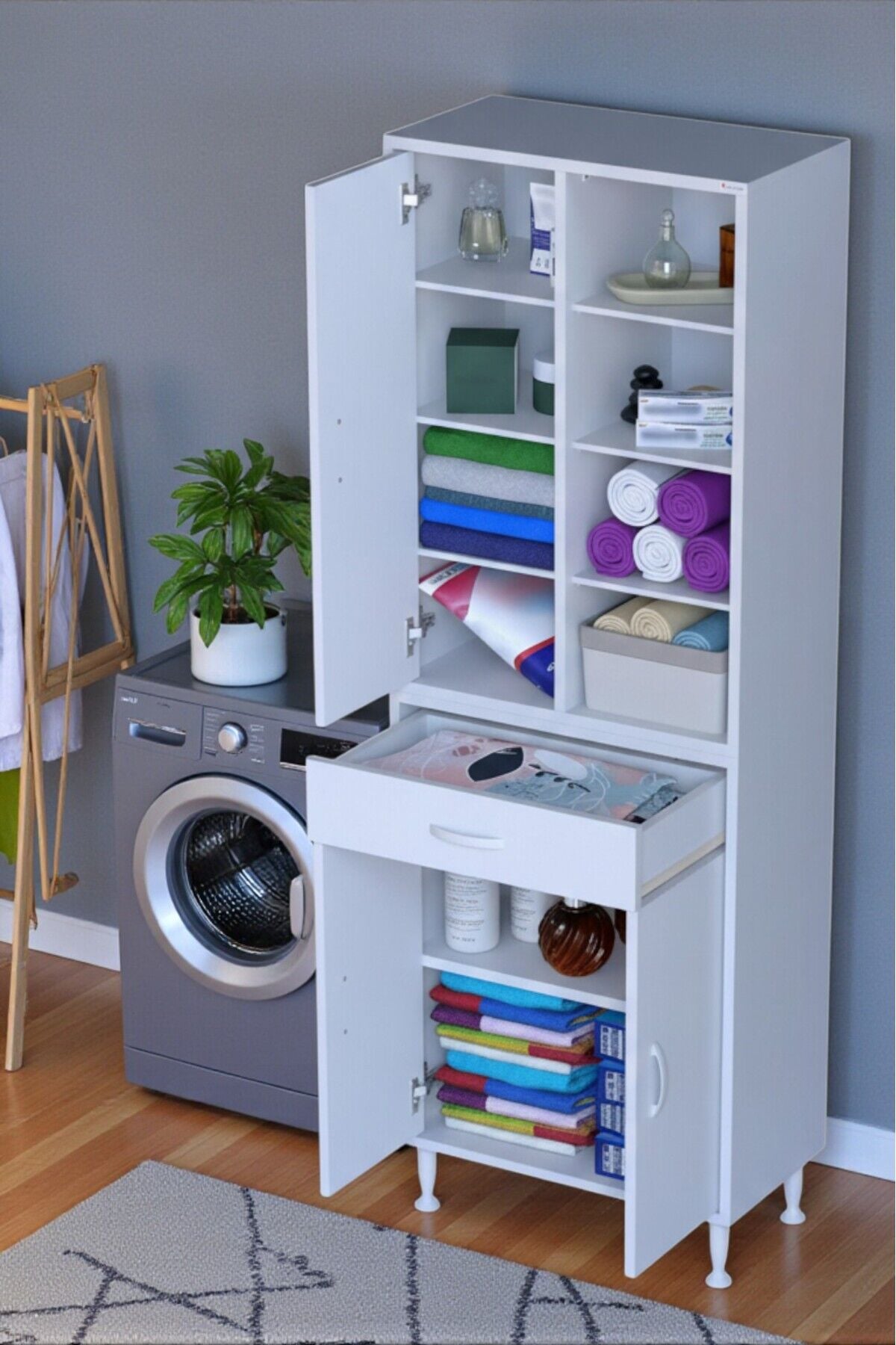 Funci Beyaz Renk G:65 cm Banyo Dolabı 3 Kapaklı 7 Raflı Dolap 65x173x32,5 cm Boyutlarında Dolap