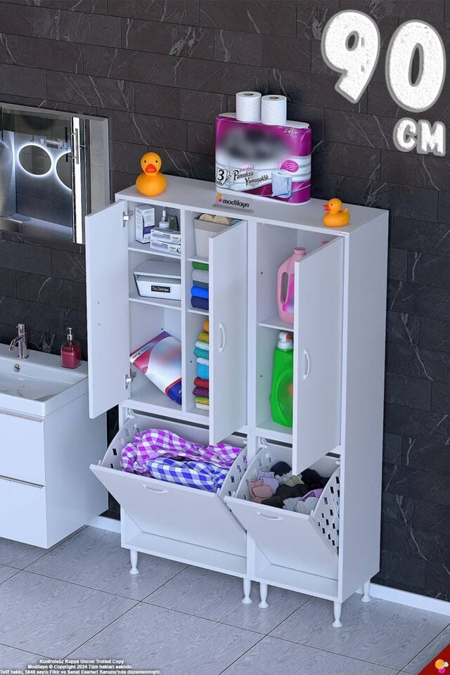 Vika 90 cm Çok Amaçlı Modüler Banyo Dolabı ve Çamaşır Sepeti - Beyaz ((55+35)x160x32 cm)