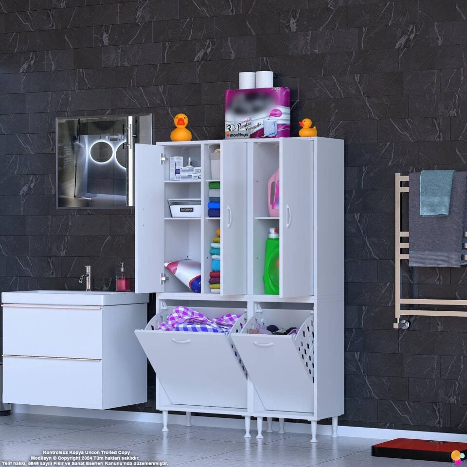 Vika 100 cm Çok Amaçlı Modüler Banyo Dolabı ve Çamaşır Sepeti - Beyaz ((55+45)x160x32 cm)