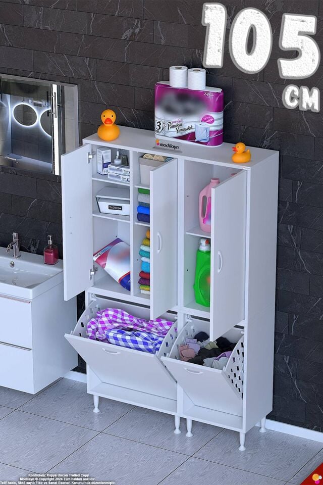 Vika 105 cm Çok Amaçlı Modüler Banyo Dolabı ve Çamaşır Sepeti - Beyaz ((55+50)x160x32 cm)