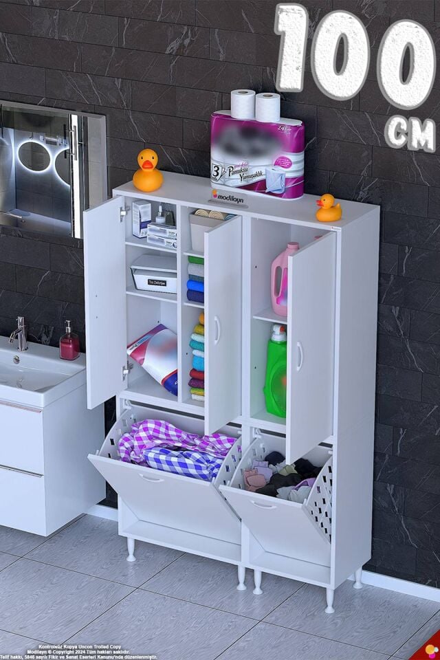 Oyza 100 cm Geniş Hacimli Çamaşır Sepetli Çok Amaçlı Dolap - Beyaz ((60+40)x160x32 cm)