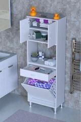 Seris Sepetli ve Çekmeceli Banyo Dolabı G:65 cm Çok Amaçlı Beyaz Düzenleyici 65x173x32,5 cm Dolap
