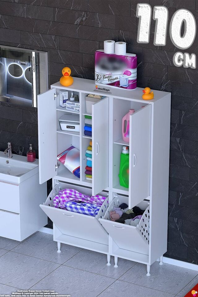 Sarer 110 cm Çok Amaçlı Düzenleyici ve Sepetli Banyo Dolabı - Beyaz ((65+45)x160x32 cm)