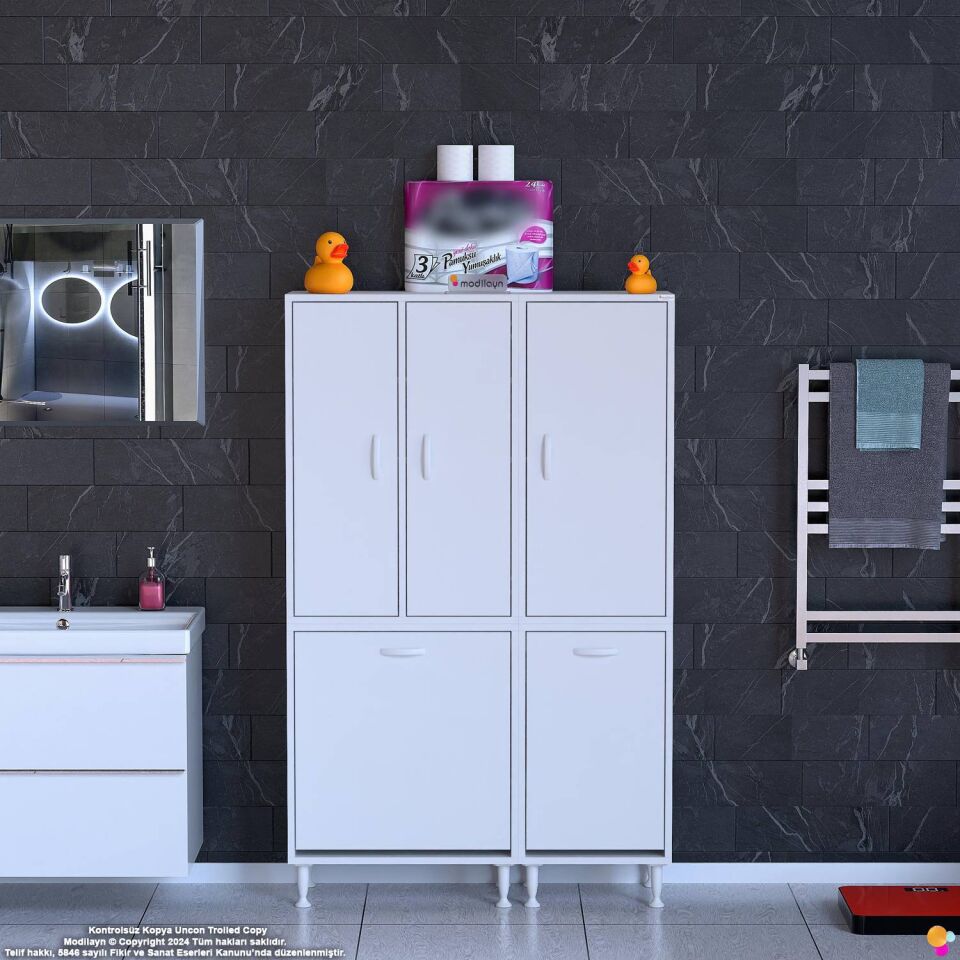 Sarer 115 cm Çok Amaçlı Düzenleyici ve Sepetli Banyo Dolabı - Beyaz ((65+50)x160x32 cm)