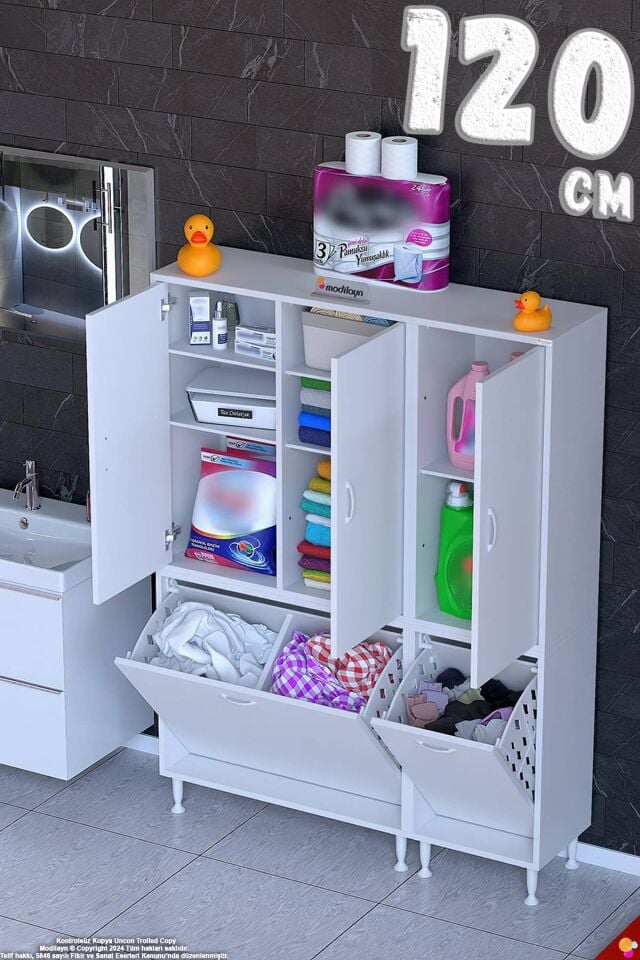 Rena 120 cm Maksimum Genişlikte Çok Amaçlı Banyo Dolabı - Beyaz ((70+50)x160x32 cm)