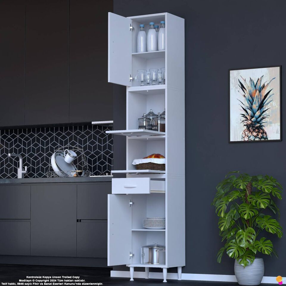 Alp 35 cm Çekmeceli Erzak Dolabı - Çok Amaçlı Banyo Kiler Mutfak Antre Depolama Dolabı 35x226x32 cm