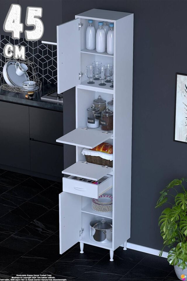 Alp 45 cm Çekmeceli Erzak Dolabı - Çok Amaçlı Banyo Kiler Mutfak Antre Depolama Dolabı 45x226x32 cm