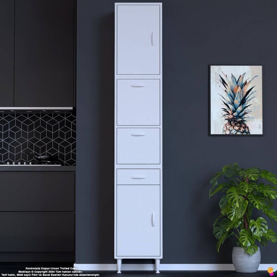 Alp 50 cm Çekmeceli Erzak Dolabı - Çok Amaçlı Banyo Kiler Mutfak Antre Depolama Dolabı 50x226x32 cm