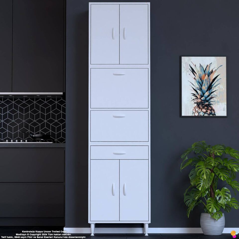 Alp 55 cm Çekmeceli Erzak Dolabı - Çok Amaçlı Banyo Kiler Mutfak Antre Depolama Dolabı 55x226x32 cm