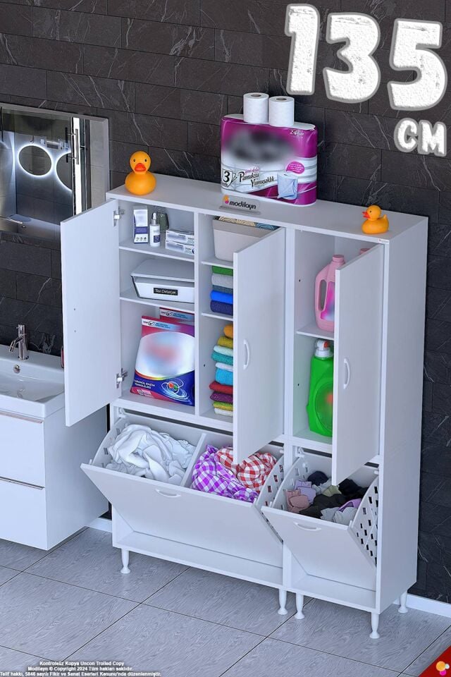 Duru 135 cm Maksimum Kapasiteli Çamaşır Sepetli Banyo Dolabı - Beyaz ((85+50)x160x32 cm)