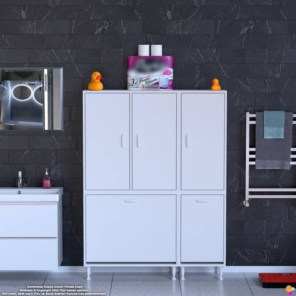 Duru 135 cm Maksimum Kapasiteli Çamaşır Sepetli Banyo Dolabı - Beyaz ((85+50)x160x32 cm)