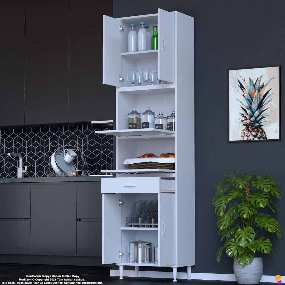 Alp 65 cm Çekmeceli Erzak Dolabı - Çok Amaçlı Banyo Kiler Mutfak Antre Depolama Dolabı 65x226x32 cm