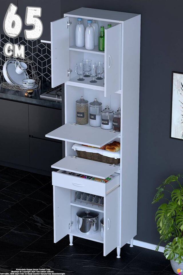 Alp 65 cm Çekmeceli Erzak Dolabı - Çok Amaçlı Banyo Kiler Mutfak Antre Depolama Dolabı 65x226x32 cm