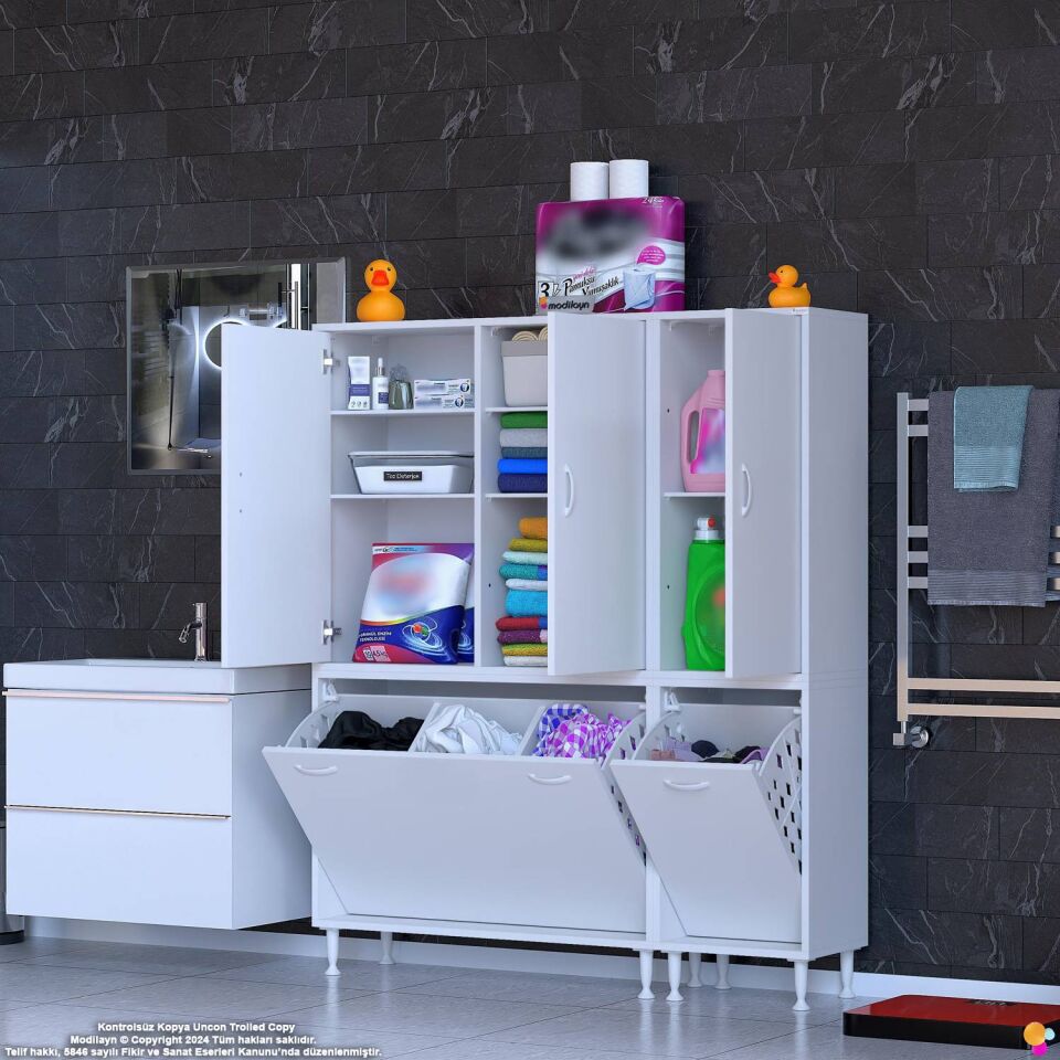 Yaprak 125 cm Çamaşır Sepetli Pratik Modüler Banyo Dolabı - Beyaz ((90+35)x160x32 cm)
