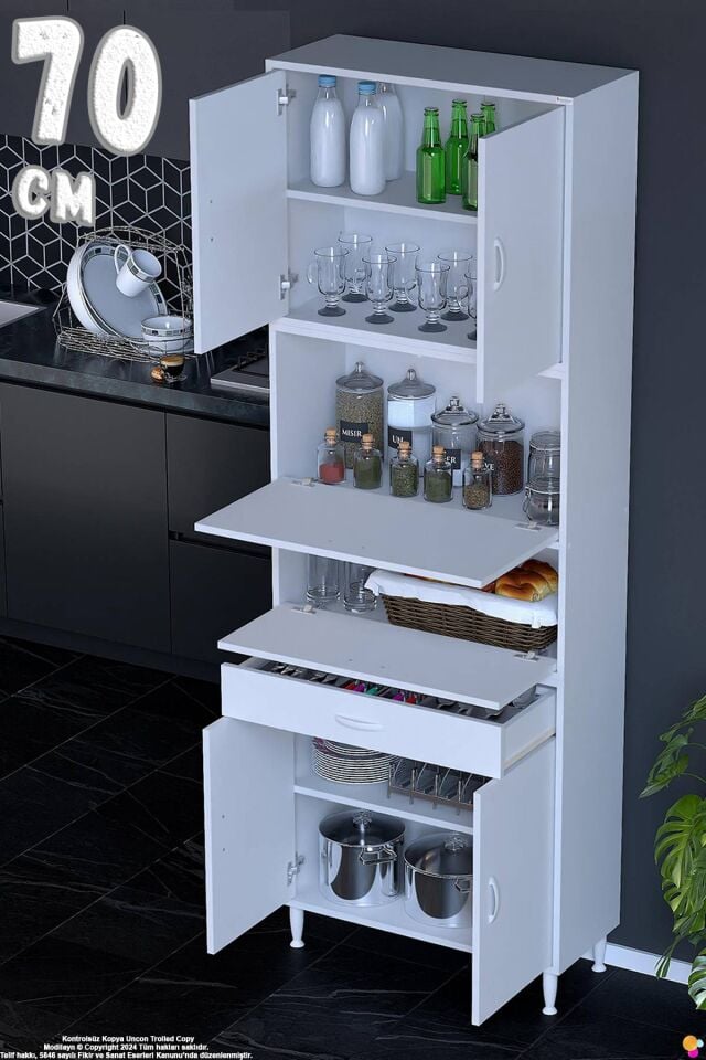 Alp 70 cm Çekmeceli Erzak Dolabı - Çok Amaçlı Banyo Kiler Mutfak Antre Depolama Dolabı 70x226x32 cm