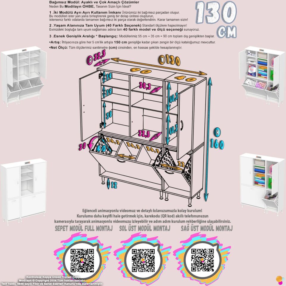 Yaprak 130 cm Çamaşır Sepetli Pratik Modüler Banyo Dolabı - Beyaz ((90+40)x160x32 cm)