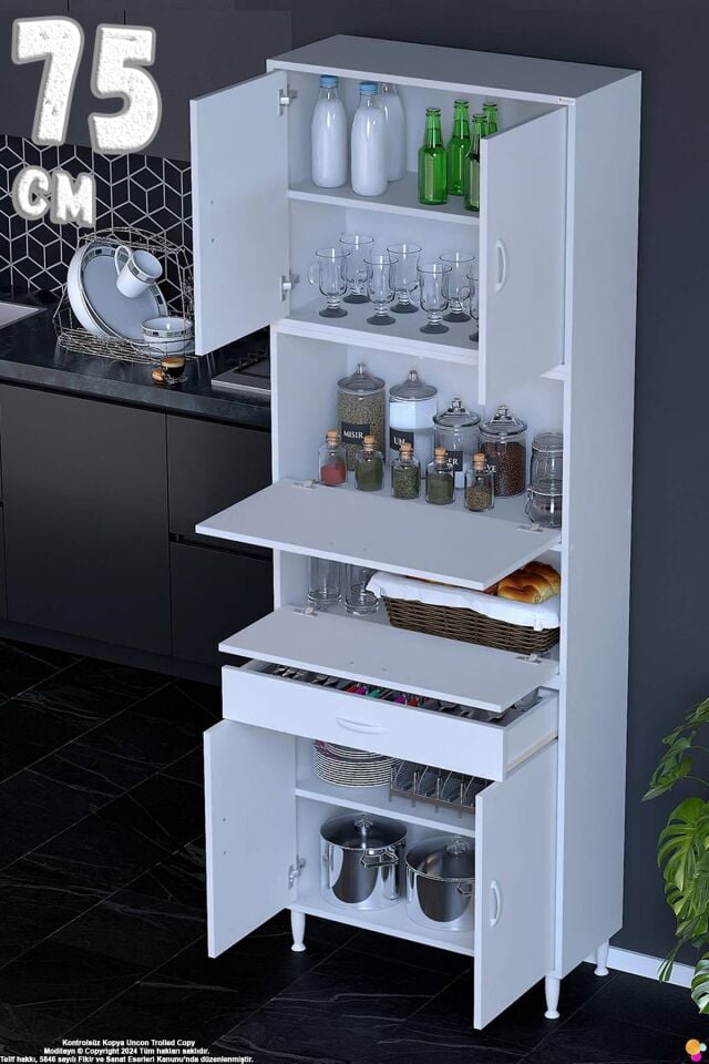 Alp 75 cm Çekmeceli Erzak Dolabı - Çok Amaçlı Banyo Kiler Mutfak Antre Depolama Dolabı 75x226x32 cm