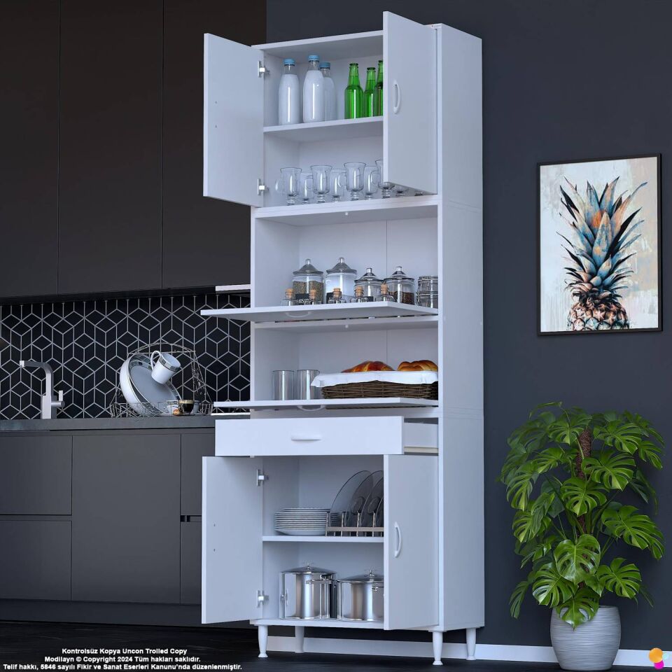 Alp 85 cm Çekmeceli Erzak Dolabı - Çok Amaçlı Banyo Kiler Mutfak Antre Depolama Dolabı 85x226x32 cm
