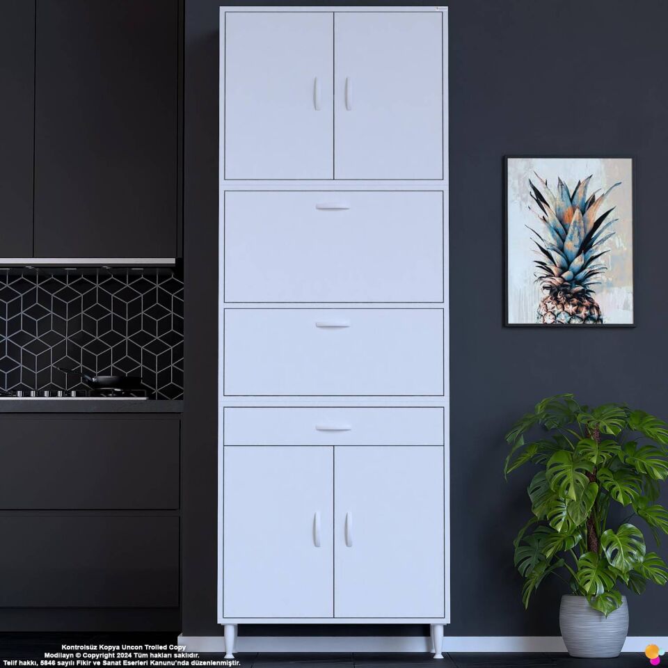 Alp 85 cm Çekmeceli Erzak Dolabı - Çok Amaçlı Banyo Kiler Mutfak Antre Depolama Dolabı 85x226x32 cm