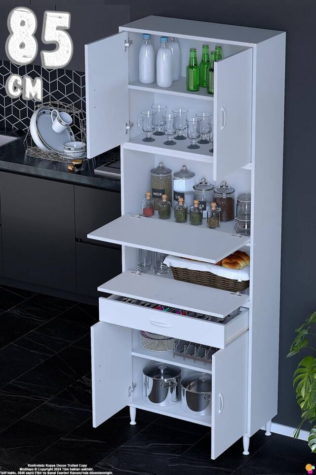Alp 85 cm Çekmeceli Erzak Dolabı - Çok Amaçlı Banyo Kiler Mutfak Antre Depolama Dolabı 85x226x32 cm