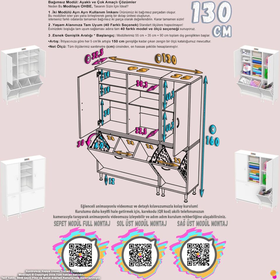 Rona 130 cm Max Genişlik ve Geniş Hacimli Çamaşır Sepetli Banyo Dolabı - Beyaz ((95+35)x160x32 cm)