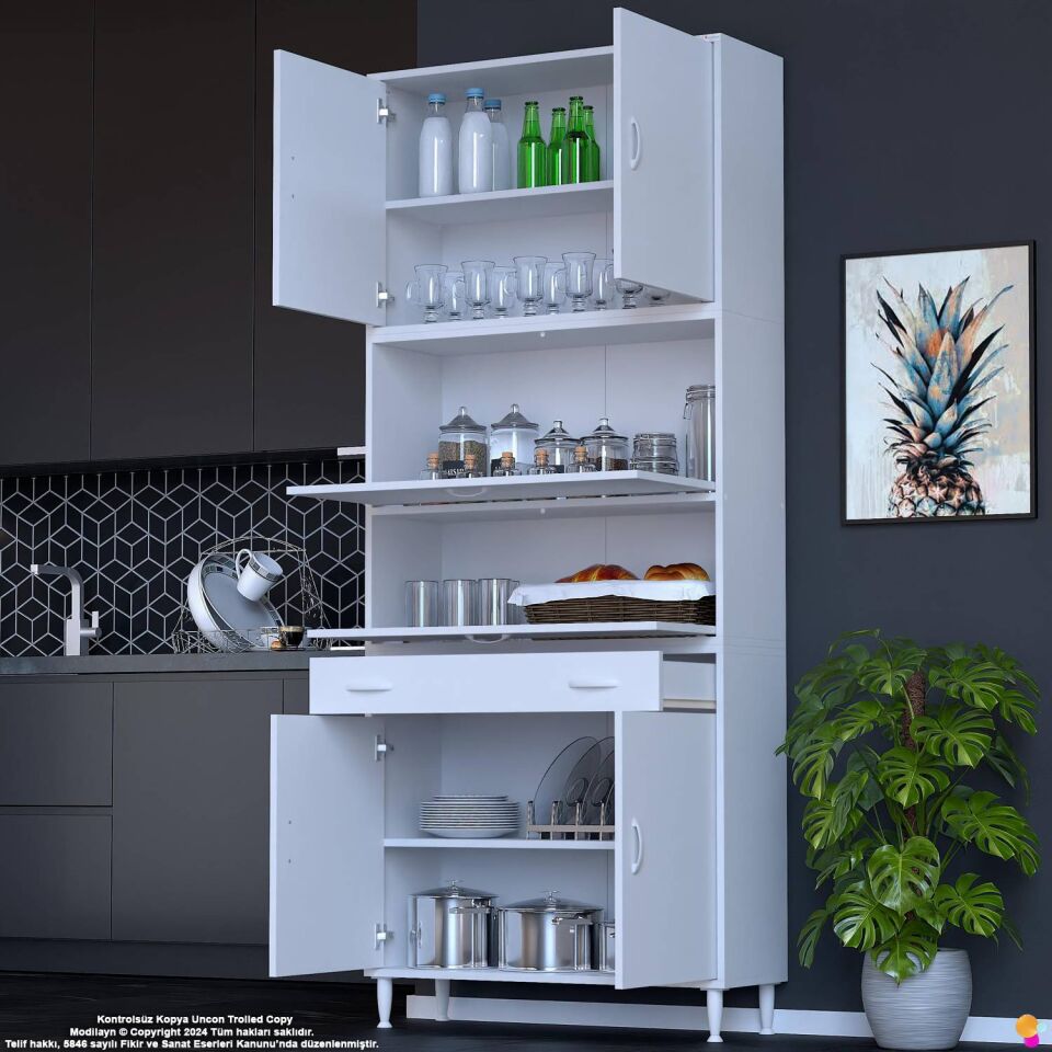 Alp 90 cm Çekmeceli Erzak Dolabı - Çok Amaçlı Banyo Kiler Mutfak Antre Depolama Dolabı 90x226x32 cm