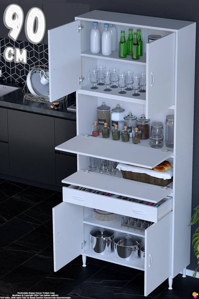 Alp 90 cm Çekmeceli Erzak Dolabı - Çok Amaçlı Banyo Kiler Mutfak Antre Depolama Dolabı 90x226x32 cm