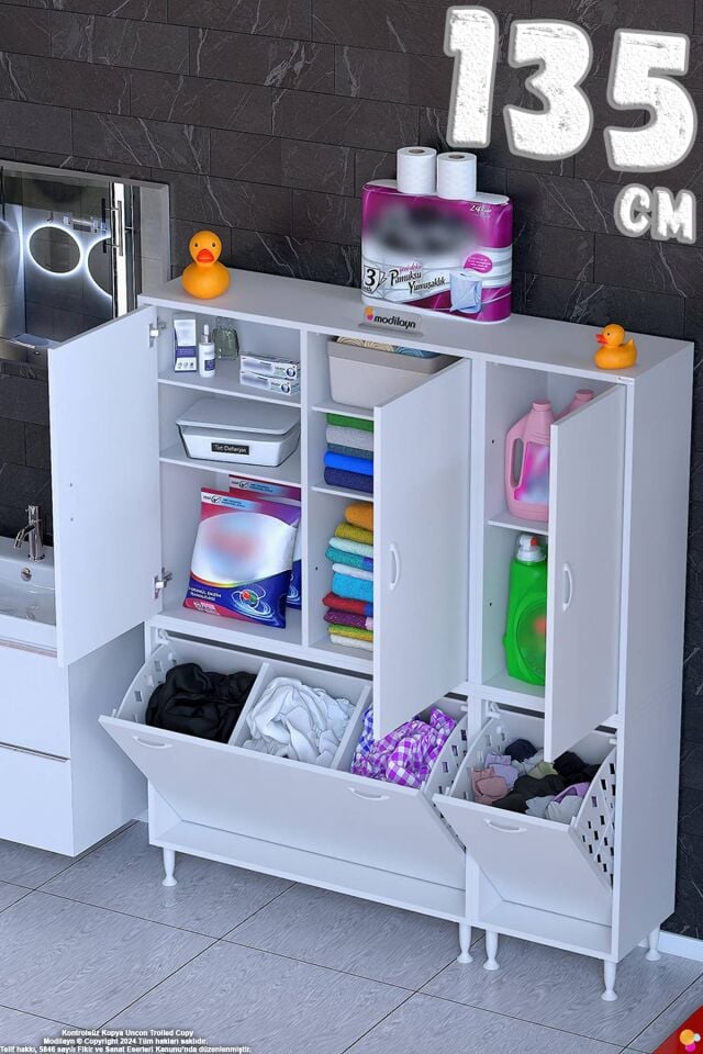Rona 135 cm Max Genişlik ve Geniş Hacimli Çamaşır Sepetli Banyo Dolabı - Beyaz ((95+40)x160x32 cm)