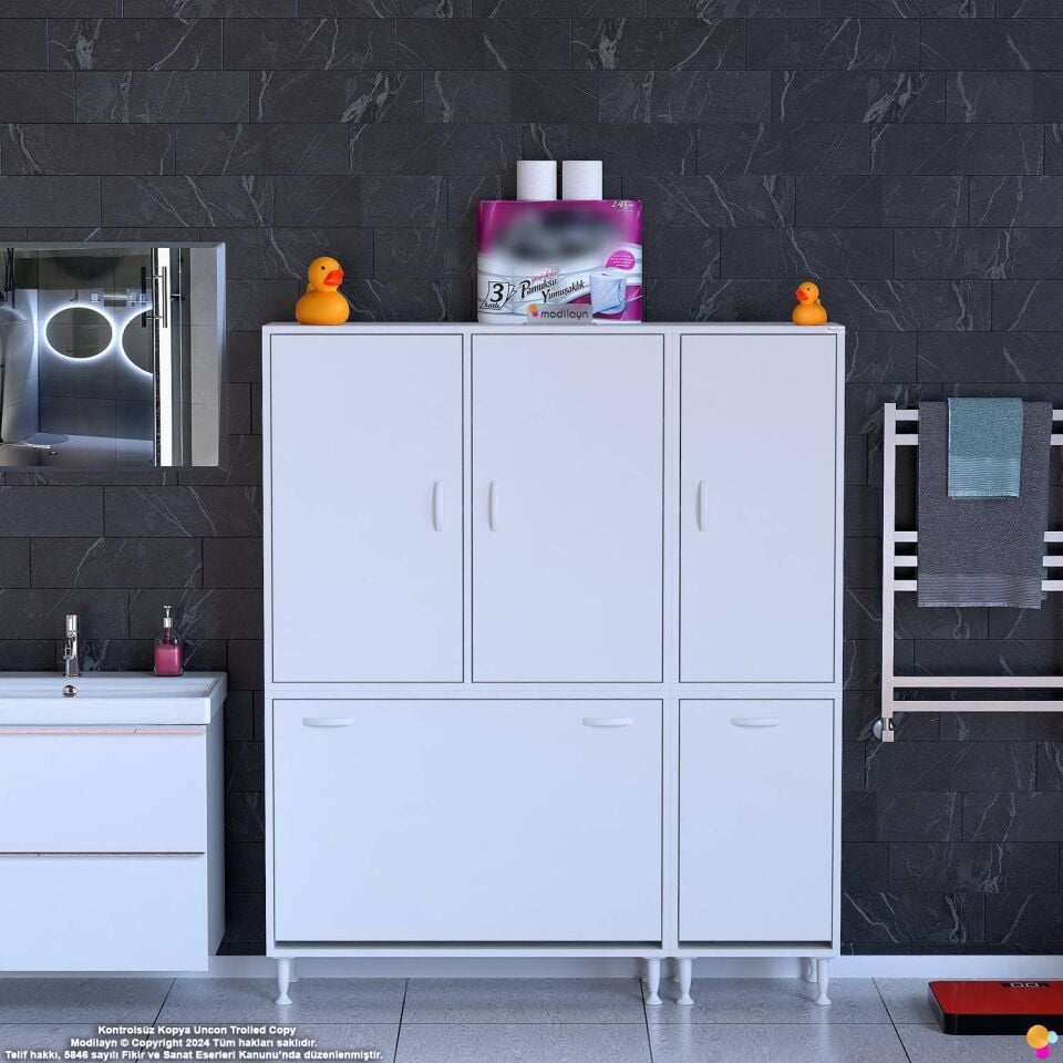Rona 135 cm Max Genişlik ve Geniş Hacimli Çamaşır Sepetli Banyo Dolabı - Beyaz ((95+40)x160x32 cm)