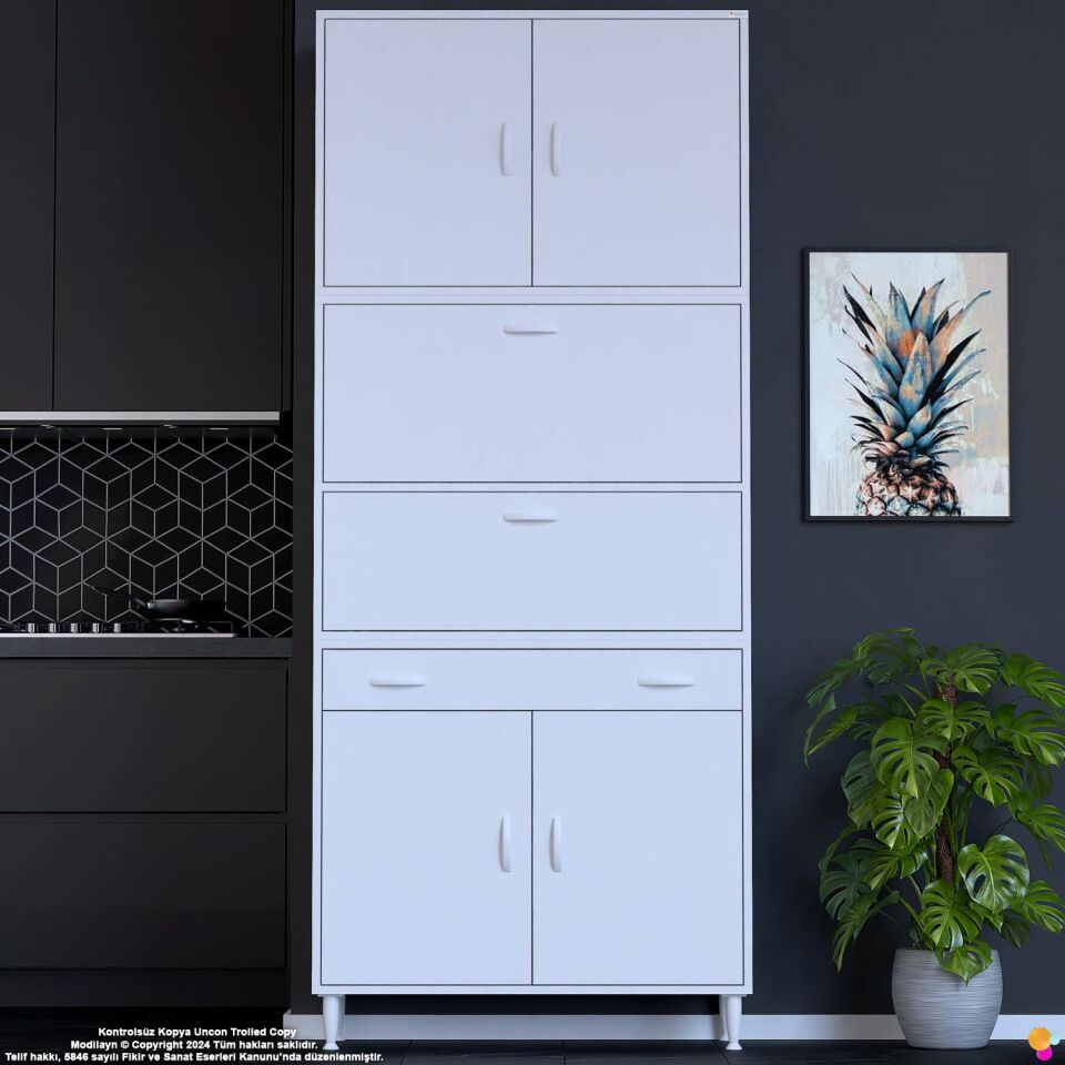 Alp 95 cm Çekmeceli Erzak Dolabı - Çok Amaçlı Banyo Kiler Mutfak Antre Depolama Dolabı 95x226x32 cm