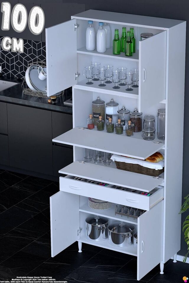 Alp 100 cm Çekmeceli Erzak Dolabı -Çok Amaçlı Banyo Kiler Mutfak Antre Depolama Dolabı 100x226x32 cm