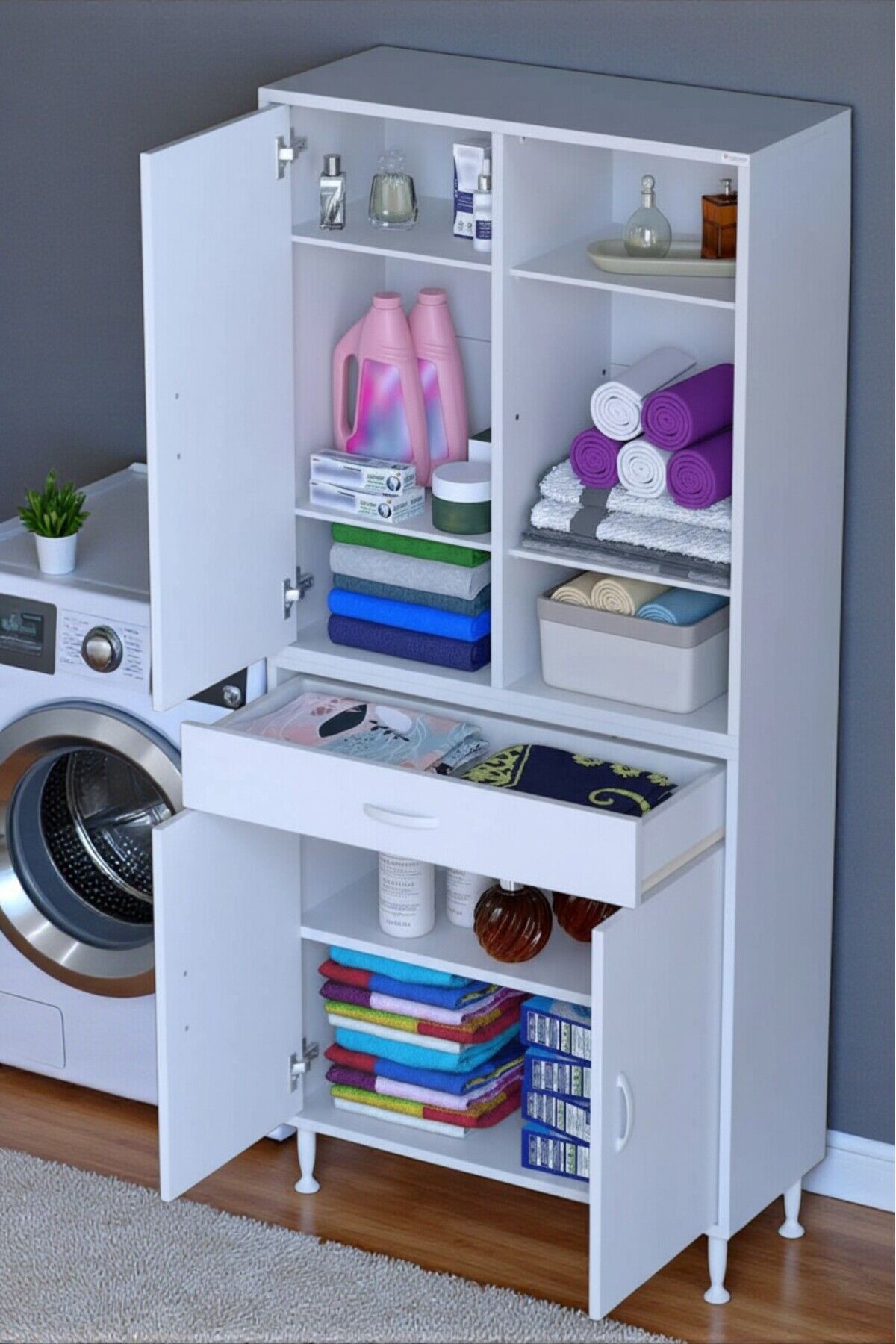 Rivo 4 Raflı Banyo/Mutfak Dolabı 70 cm Beyaz Renkli Çok Amaçlı Dolap 70x173x32,5 cm Ebatlarında