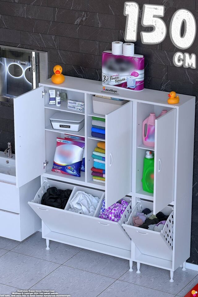Rona 150 cm Geniş Çamaşır Sepetli ve Bölmeli Banyo Dolabı - Beyaz ((100+50)x160x32 cm)