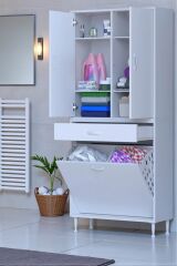 Wall Beyaz Banyo Dolabı 75 cm İki Göz Bölmeli Sepet 75x171x32,5 cm 4 Raflı Mutfak/Banyo Dolabı