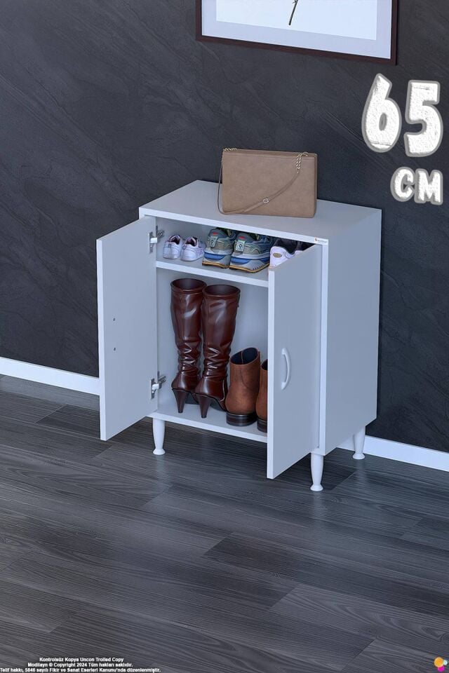 Rena 65 cm İki Kapaklı Raflı Antre Dolabı ve Çok Amaçlı Ayakkabılık - Beyaz (65x75x32,5 cm)