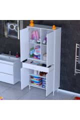 Luma Kapaklı & Çekmeceli Banyo Dolabı 75 cm Genişlikte Beyaz Dolap 75x173x32,5 cm Depolama Dolabı