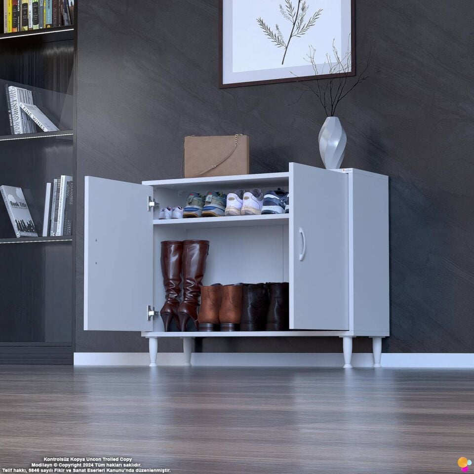 Rena 95 cm İki Kapaklı Raflı Antre Dolabı ve Çok Amaçlı Ayakkabılık - Beyaz (95x75x32,5 cm)