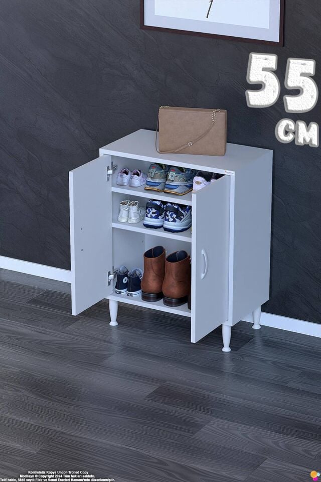 Vera 55 cm Kapaklı 2 Raflı Çok Amaçlı Antre Dolabı ve Kompakt Ayakkabılık - Beyaz (55x75x32,5 cm)