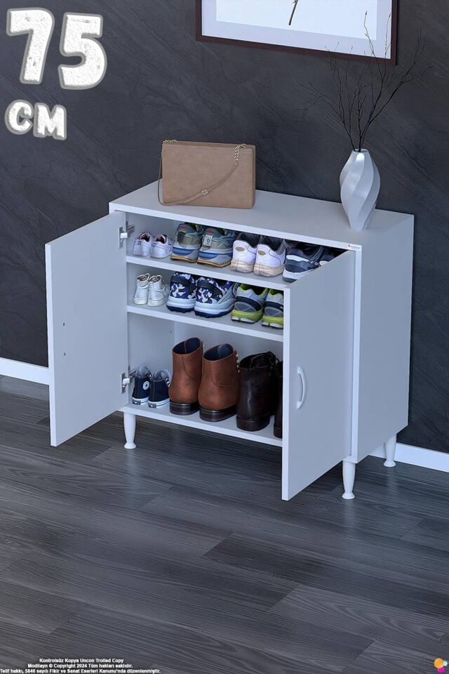 Vera 75 cm Kapaklı 2 Raflı Çok Amaçlı Antre Dolabı ve Kompakt Ayakkabılık - Beyaz (75x75x32,5 cm)