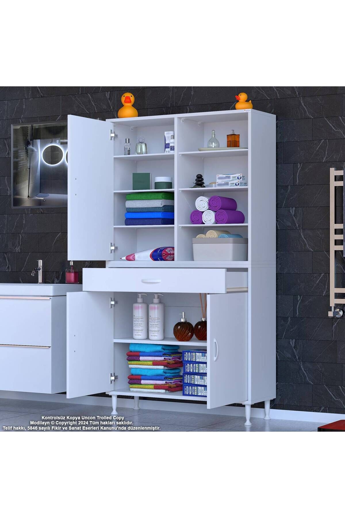 Funci Beyaz Renk G:90 cm Banyo Dolabı 3 Kapaklı 7 Raflı Dolap 90x173x32,5 cm Boyutlarında Dolap