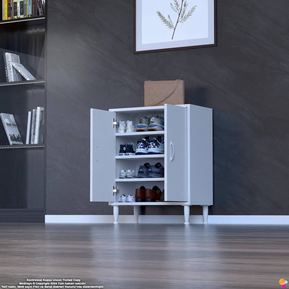 Lara 65 cm 3 Raflı 4 Bölmeli Çok Amaçlı Antre Dolabı ve Kompakt Ayakkabılık - Beyaz (65x75x32,5 cm)