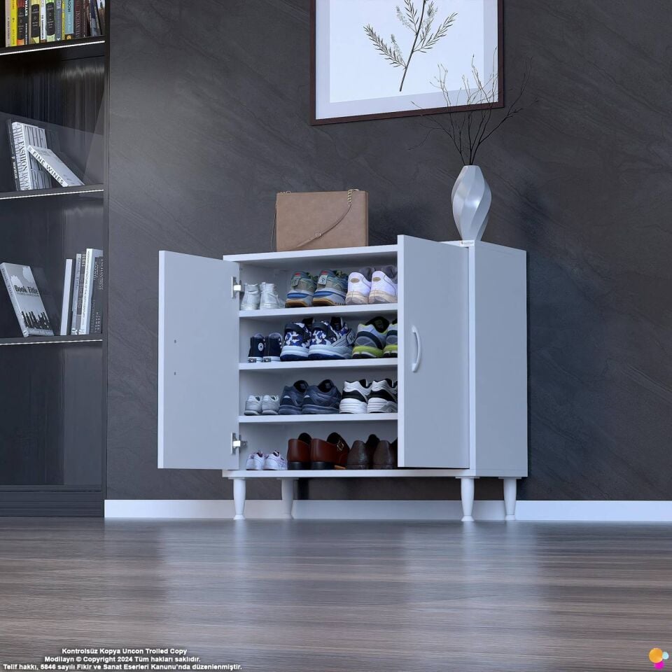 Lara 75 cm 3 Raflı 4 Bölmeli Çok Amaçlı Antre Dolabı ve Kompakt Ayakkabılık - Beyaz (75x75x32,5 cm)