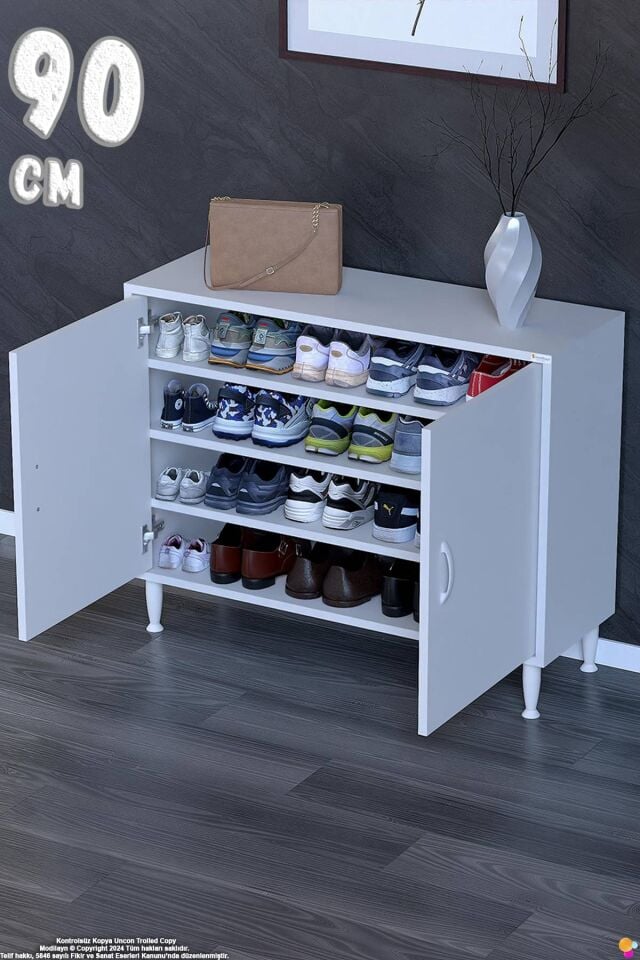 Lara 90 cm 3 Raflı 4 Bölmeli Çok Amaçlı Antre Dolabı ve Kompakt Ayakkabılık - Beyaz (90x75x32,5 cm)