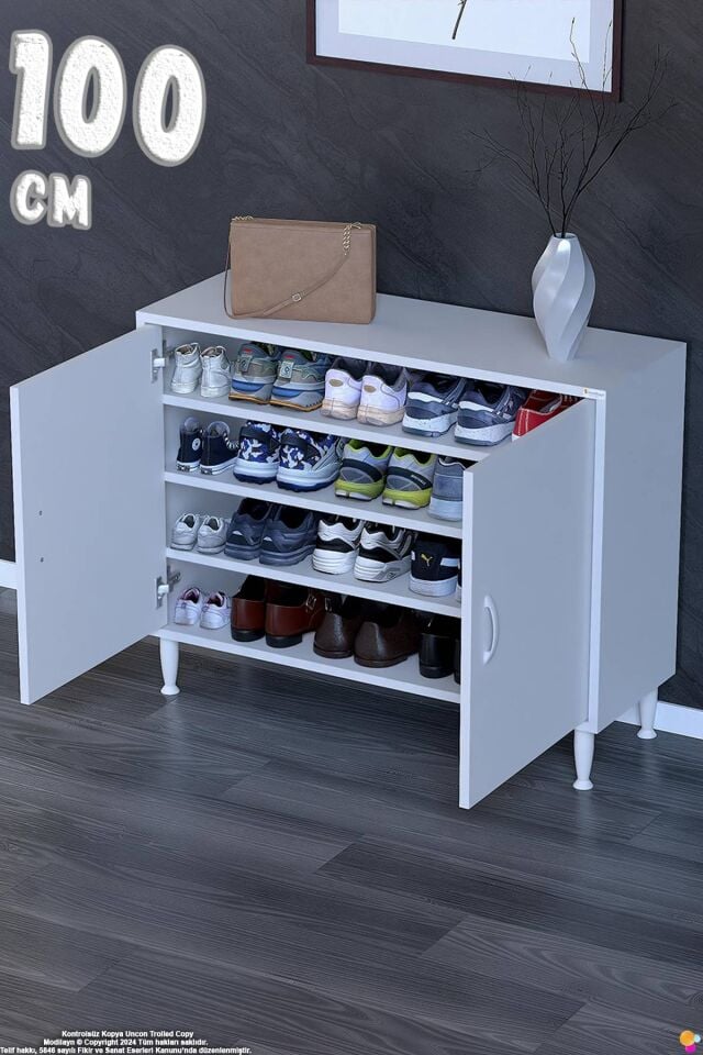Lara 100 cm 3 Raflı 4 Bölme Çok Amaçlı Antre Dolabı ve Kompakt Ayakkabılık - Beyaz (100x75x32,5 cm)
